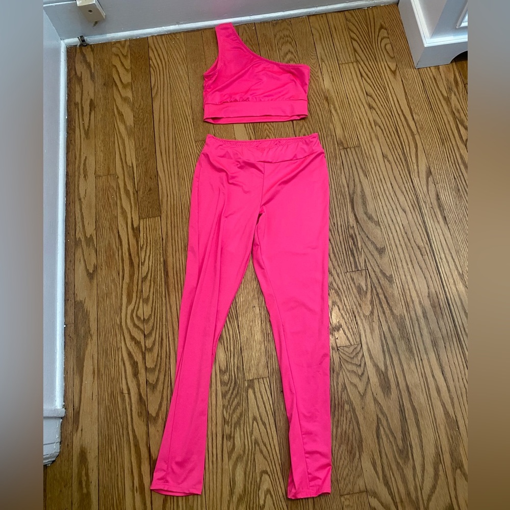 Hot Pink One Shoulder Matching Active Wear Set